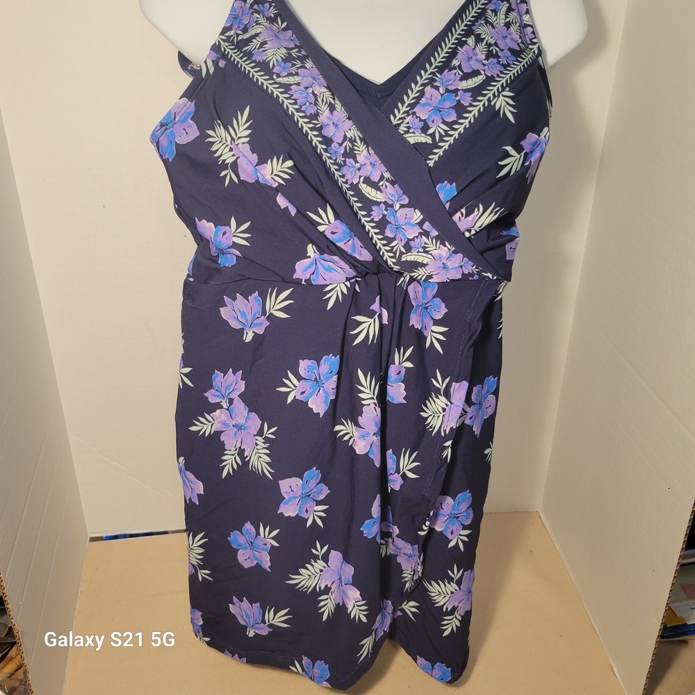 Lands End Navy Blue Floral Surplice Wrap Swimdress One Piece Swimsuit Medium